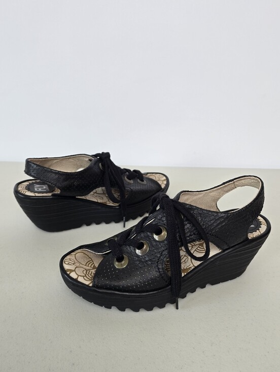 Fly London Shoes - Fly London YLVA Black Perforated Leather Lace-Up Wedge Sandals EU 39 8-8.5